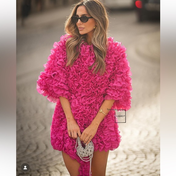 ZARA LIMITED EDITION FUCHSIA RUFFLE COAT KNIT DRESS - Picture 3 of 5